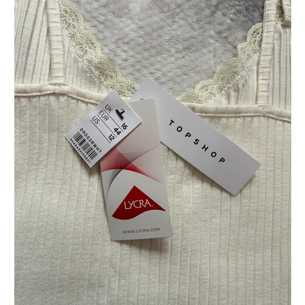 Topshop Lace Trim V Neck White Crop Cami Ribbed Top Size 12 Large Romantic NWT - Picture 7 of 9